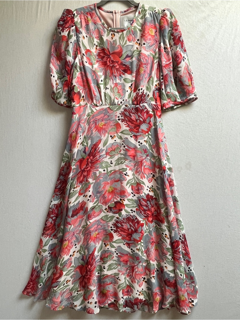 LK Bennett 100 Percent Silk Floral Puff Sleeve Midi Dress 2